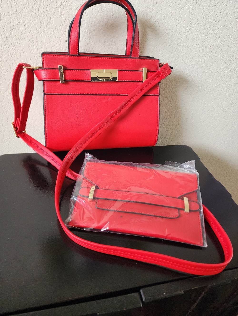 Red Structured Top-Handle Crossbody Bag with Wallet
